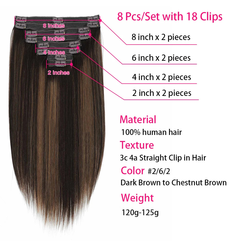18 Clips In Hair Extensions 2/6/2 Color Brazilian Straight 100% Human Hair 8 Pieces 16-26 Inches Hair Extensions for Women