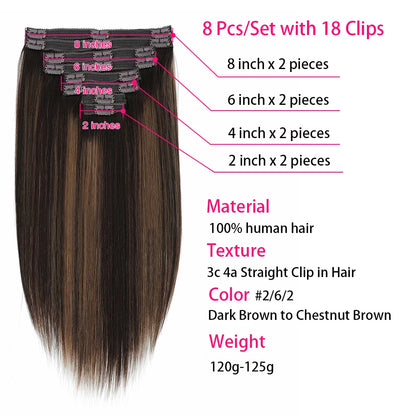 18 Clips In Hair Extensions 2/6/2 Color Brazilian Straight 100% Human Hair 8 Pieces 16-26 Inches Hair Extensions for Women