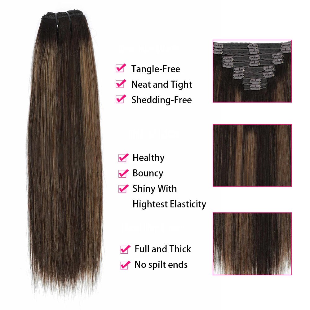 18 Clips In Hair Extensions 2/6/2 Color Brazilian Straight 100% Human Hair 8 Pieces 16-26 Inches Hair Extensions for Women