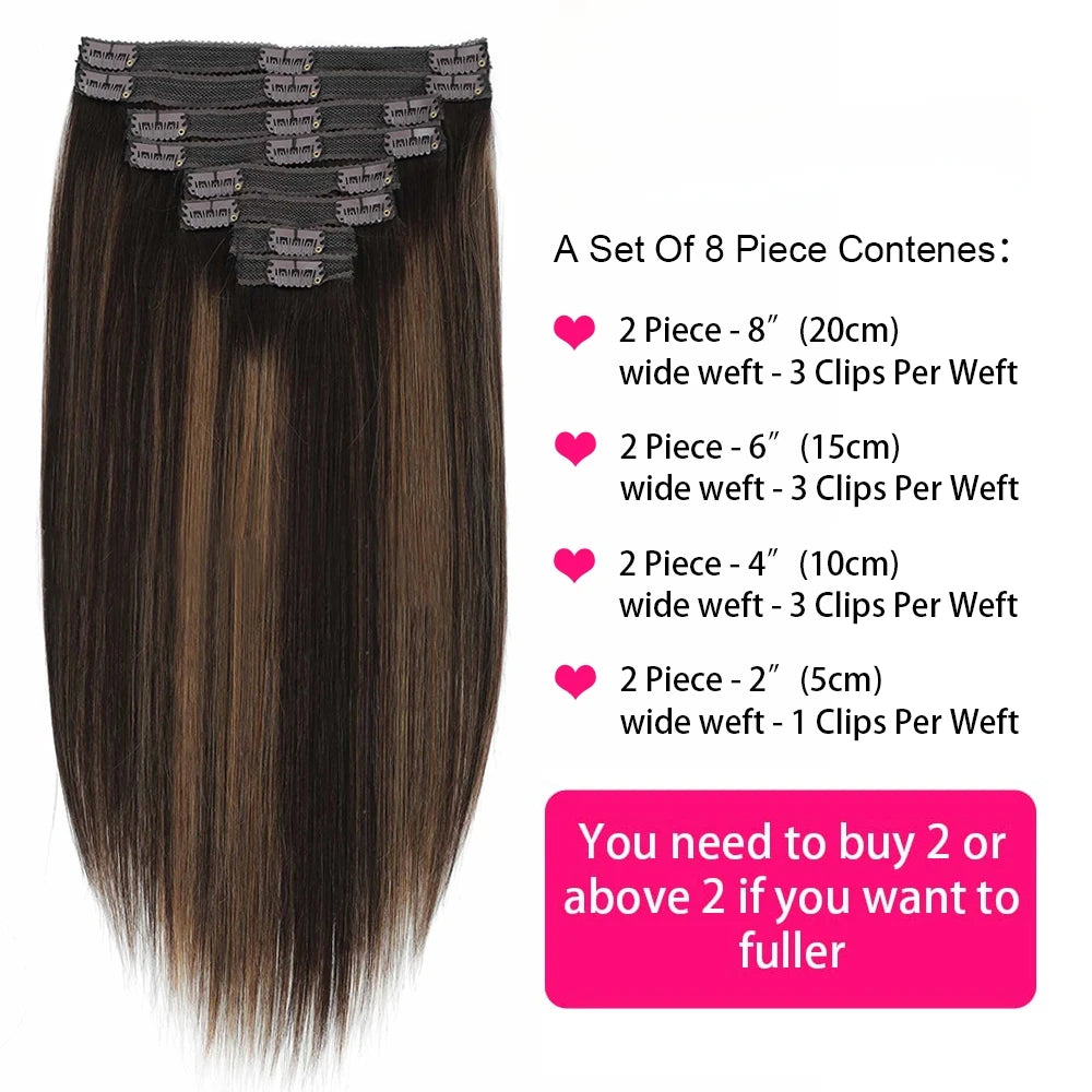 18 Clips In Hair Extensions 2/6/2 Color Brazilian Straight 100% Human Hair 8 Pieces 16-26 Inches Hair Extensions for Women