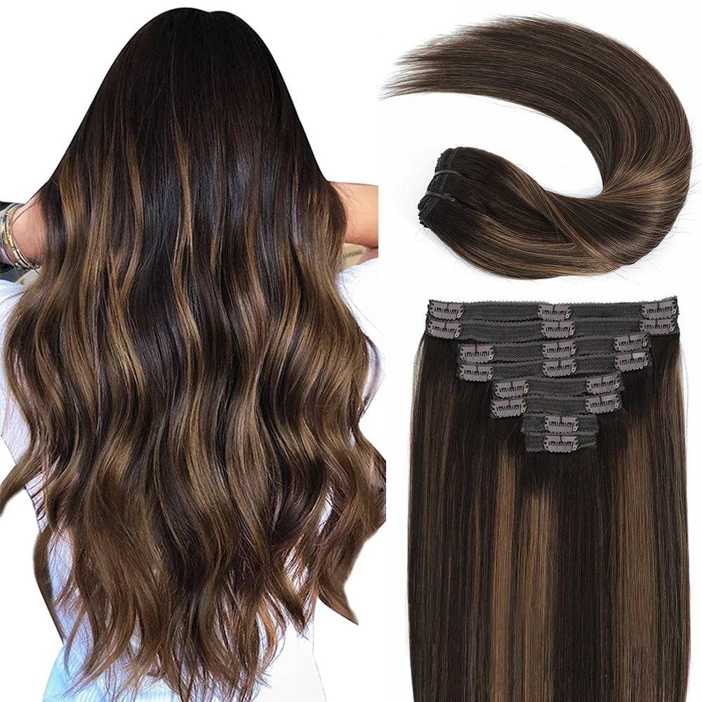 18 Clips In Hair Extensions 2/6/2 Color Brazilian Straight 100% Human Hair 8 Pieces 16-26 Inches Hair Extensions for Women